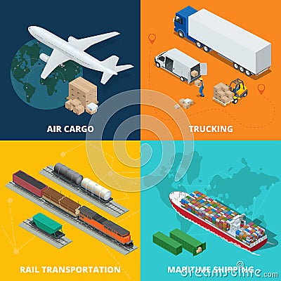 Logistic realistic icons set of air cargo, trucking, rail transportation, meritime shipping. On-time delivery. Delivery Vector Illustration