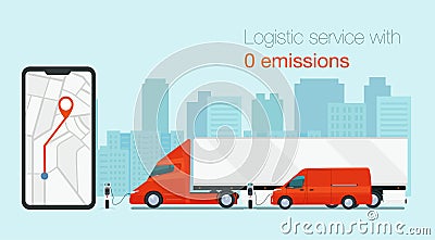 Logistic service with electric vehicles. Cargo vans and truck. Tracking an order using his smartphone. Abstract cityscape in the Vector Illustration