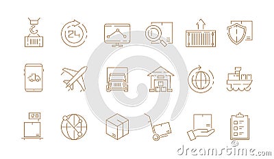 Logistic thin symbols. Delivering boxes and transport van free shipment sea freight vector outline icons collection Vector Illustration