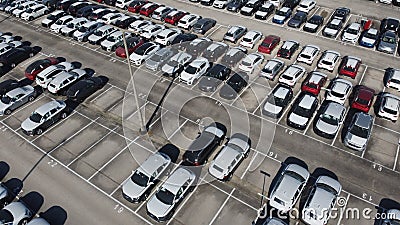 LOGISTIC AND TRADE AUTOMOBILE CENTER. DRONE AERIAL PHOTO. VEHICLE PARK Stock Photo