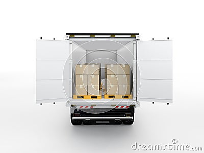 Logistic trailer truck or lorry fully loading cardboard boxes Stock Photo
