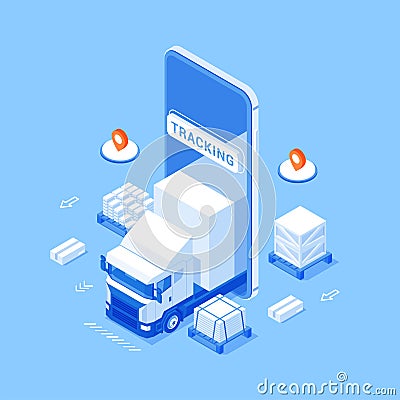 Logistic transportation online tracking smartphone app isometric banner vector illustration Vector Illustration