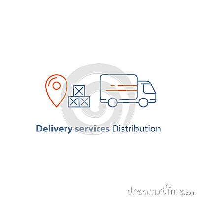 Logistics company, delivery truck, move service, courier, receive parcel box, vector line icon Vector Illustration