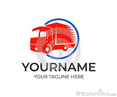 Logistics company and fast truck in circle, logo template. Cargo transportation, delivery of goods and auto transport, vector desi Vector Illustration