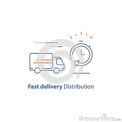 Logistics company, waiting time period, fast delivery services,order delay, move truck, order express shipping, vector line icon Vector Illustration