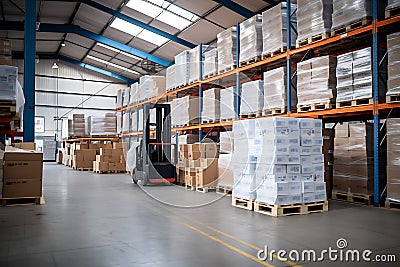 Logistics company, warehouse, cardboard boxes and shelves with parcels. Customs warehouse specialist. Warehouse delivery service. Stock Photo