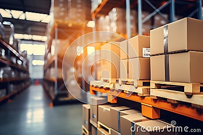 Logistics company, warehouse, cardboard boxes and shelves with parcels. Customs warehouse specialist. Warehouse delivery service. Stock Photo