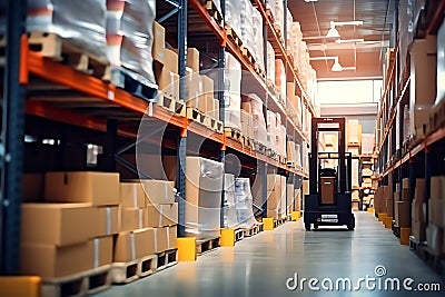 Logistics company, warehouse, cardboard boxes and shelves with parcels. Customs warehouse specialist. Warehouse delivery service. Stock Photo