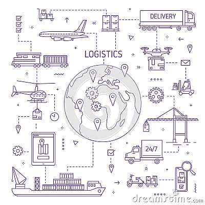 Logistics concept with freight vehicle, transport deliver trade goods. Cargo transportation, international delivery Vector Illustration