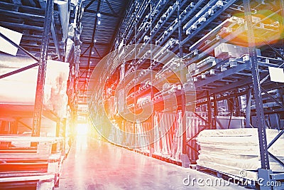 Logistics concept. Huge industrial warehouse, business shipping and cargo storage for export, pallets with goods Stock Photo