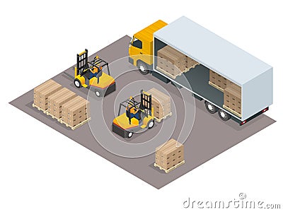 Logistics concept. Loading cargo in the truck. Delivery service vector isometric illustration. Vector Illustration