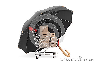 Logistics concept. Shopping cart with boxes being protected by a Stock Photo