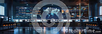 The logistics control center features large screens displaying real-time delivery and route data to optimize Stock Photo