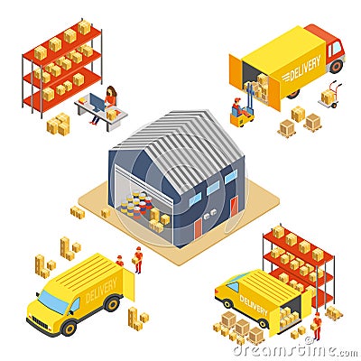 Logistics and delivery isometric concept set with warehouse building, workers with delivery boxes and cargo transport Vector Illustration