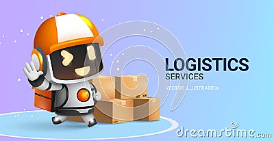 Logistics delivery vector design. Logistics services text with robot delivery mascot assistant character with boxes element. Vector Illustration