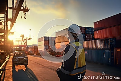 Logistics engineer control at the port, loading containers for trucks export and importing logistic Stock Photo