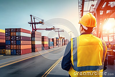 Logistics engineer control at the port, loading containers for trucks export and importing logistic Stock Photo