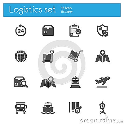Logistics flat gray icons set of 16 Vector Illustration