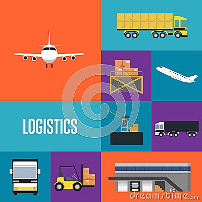 Logistics and freight transportation icon set Cartoon Illustration