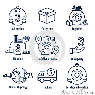 Logistics icon set with buildings, trucking, people & shipping box Vector Illustration