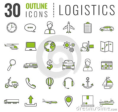 Logistics icons set. Delivery and Transportation. Outline icons. Vector Vector Illustration