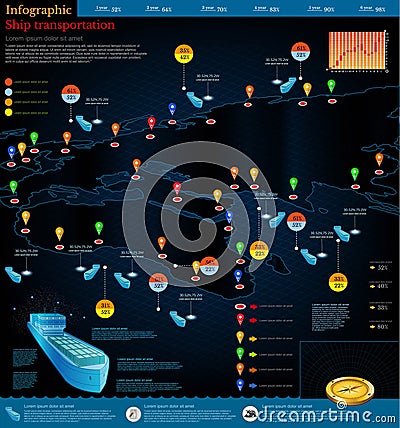 Logistics infographic of cargo ships with route. Part of world map Africa Europe Vector Illustration