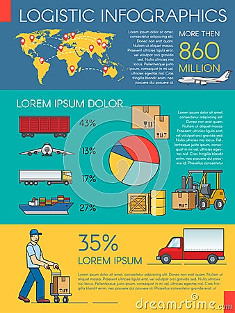 Logistics infographic elements and transportation concept of train, cargo ship, air export. Trucking freight Vector Illustration