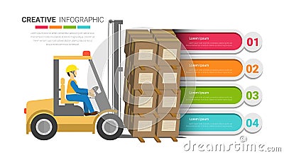 Logistics Infographic, Forklift truck with man driving in Warehouse Vector Illustration