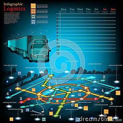 Logistics infographic with lines of delivery on city map. Topography simbols, timetable on week Vector Illustration