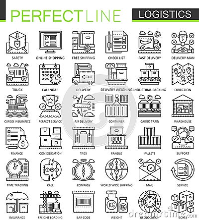 Logistics outline mini concept symbols. Modern stroke linear style illustrations set. Logistic transportation perfect Vector Illustration