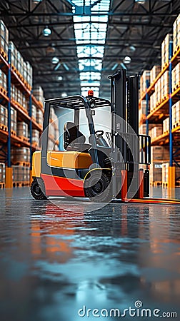 Logistics prowess Forklift efficiently loads pallets and boxes in warehouse Stock Photo