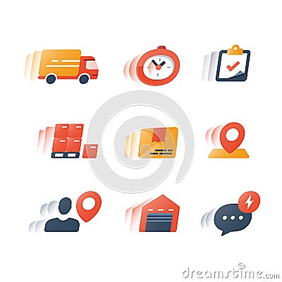 Logistics service, delivery time, fast shipping, warehouse and distribution, supply chain, cargo insurance, truck load Vector Illustration