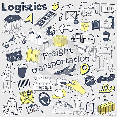 Logistics Service Hand Drawn Doodle. Delivery and Shipping Freehand Elements Set Vector Illustration