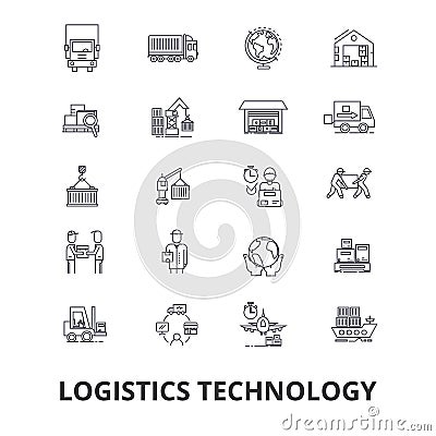 Logistics technology, transport, supply chain, delivery system, warehouse, cargo line icons. Editable strokes. Flat Vector Illustration