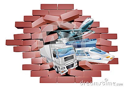 Logistics Transport Vehicles Breaking Wall Concept Vector Illustration