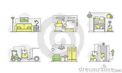 Logistics and transportation concept. Packaging, processing, storage linear vector illustration Vector Illustration