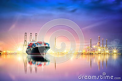 Logistics and transportation of Container Cargo ship and Cargo plane with working crane bridge in harbor at Twilight sky, logistic Stock Photo