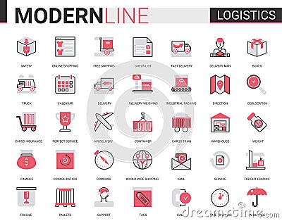 Logistics transportation, delivery service flat line icon vector illustration set for mobile app website with freight Vector Illustration