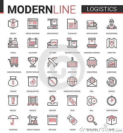 Logistics transportation, delivery service flat line icon vector illustration set for mobile app website with freight Vector Illustration