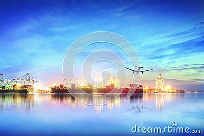 Logistics and transportation of international container cargo ship and cargo plane with ports crane bridge in harbor at sunset Stock Photo