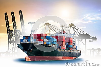 Logistics and transportation of International Container Cargo ship with ports crane bridge in harbor for logistic import export Stock Photo