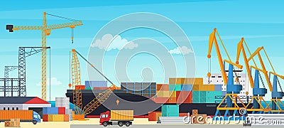 Logistics transportationt container ship with industrial crane import and export in shipping cargo harbor yard Vector Illustration