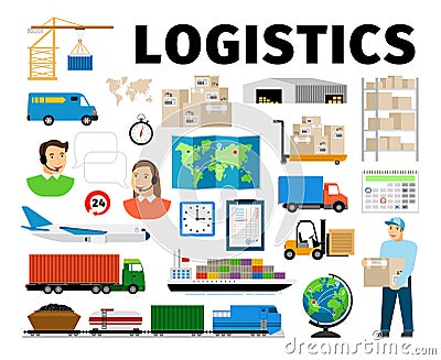 Logistics vector elements isolated on white background. Worker and transport, warehouse distribution work fulfillment Vector Illustration