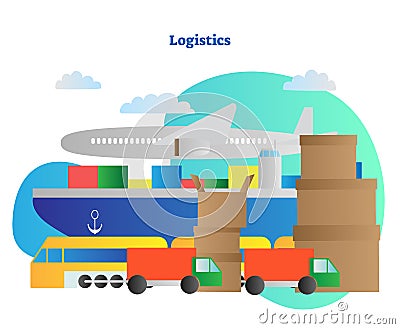 Logistics vector illustration. Distribution and shipment delivery ways. Airplane, ship, train and bus. Cargo by sea, air, railway. Vector Illustration