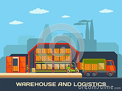 Logistics and warehouse building with trucks and Vector Illustration