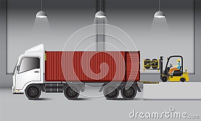 Logistics warehouse and loading dock, rubber wheels transportation and supply, Industrial scene Vector Illustration