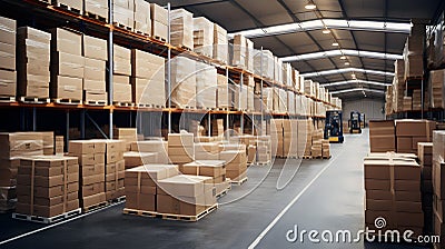 Logistics warehouse shelves with stacked cardboard boxes Stock Photo