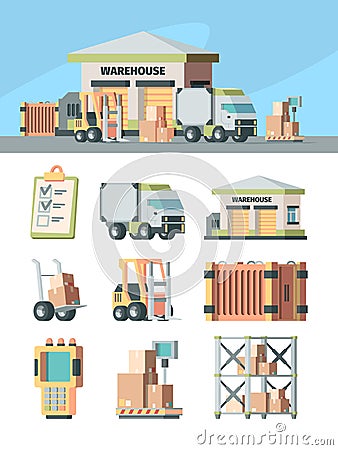 Logistics warehouse and transport set. Cargo scanner racks industrial scales with boxes forklift wheelbarrow with crates Vector Illustration