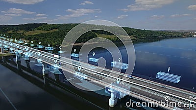 Logistique livraison et transport de marchandises et de colis par transport van et camion. vue aérienne sur pont Logistique livraison et transport de marchandises et de colis par transport van et camion. vue aérienne sur pont