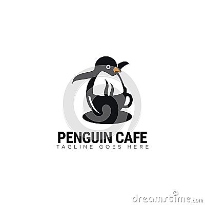 Fun logo penguin cafe, with cup and penguin vector Vector Illustration